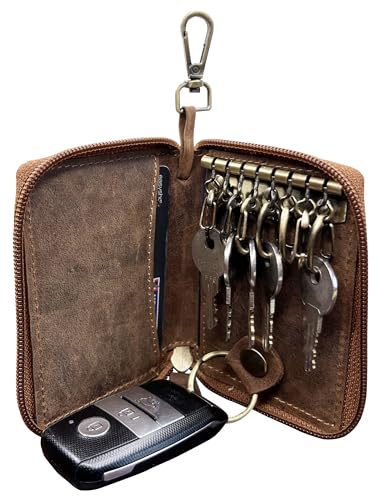 RUSTIC TOWN Leather Key Holder Case - Zippered Key Organizer Wallet with 8 Hooks for Keys Cash and Card - Gift for Men and Women