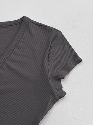 Image of Albe Rita Women Short Sleeve T-Shirt Cap V Neck Shirts for Women Ribbed Casual Top Knit Slim Fit for Summer
