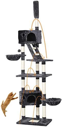 Yaheetech Cat Tree Floor to Ceiling Cat Tree 228-255cm Height Adjustable Tall Cat Tower Cat Scratching Post with Condos Baskets and Ladder, Dark Grey