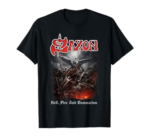 Oficial Saxon Hell Fire Heavy Metal Band Vintage Retro Camiseta