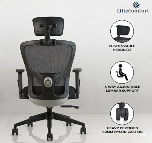 Image of EliteComfort High Back Office Chair | Mesh Ergonomic Chair with Multi-Tilt Lock, Lumbar Support, Strong Nylon Base | Adjustable Armrest | Home & Office Seating (Black)| 1 Years Warranty