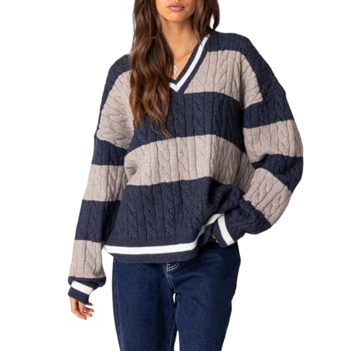 Maglione da donna a righe Y2K vintage estetico maglione preppy scollo a V manica lunga oversize maglione lavorato a maglia maglia top streetwear, Blu vintage., S