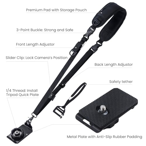 Camera Neck Strap with Quick Release and Safety Tether for DSLR Camera - Black