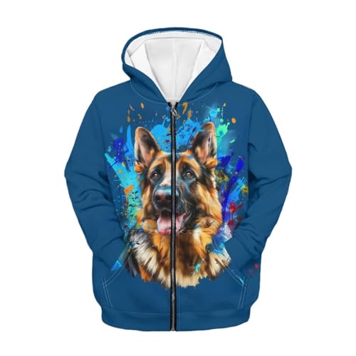 DISNIMO Kapuzen-Sweatshirt-Jacke für Kinder, Mädchen, mit durchgehendem Reißverschluss, langärmelig, lässiger Mantel, Oberteil, 6–16 Jahre, Deutscher Schäferhund, 8-10 Jahre