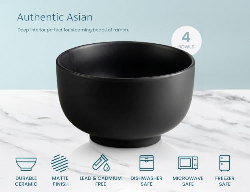 KooK Ceramic Japanese Noodle Bowls, Set of 4, Black #TOP27
