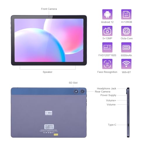 Image of C idea Android Tablets PC,10 Inches Android 12 Dual Cameras 8GB+128GB Storage 6000mAh Long Standby, WiFi,5G, Adults Gaming Tablet