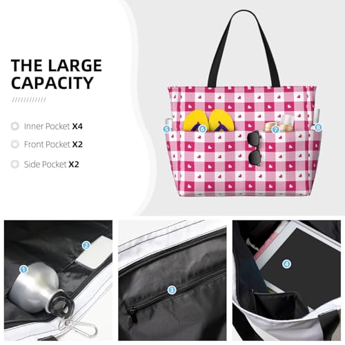Large Beach Bags Water-resistant Sandproof - Hot pink plaid heart Cute Beach Tote Bags for Women with Zipper3