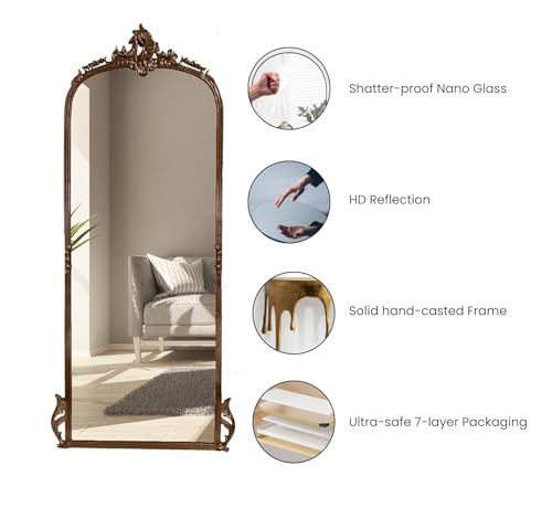 Image of Full Length Mirror with Ornate Frame Tall Standing Floor Mirror for Bedroom, Dressing Room & Living Room (Vintage Copper (Without Stand))