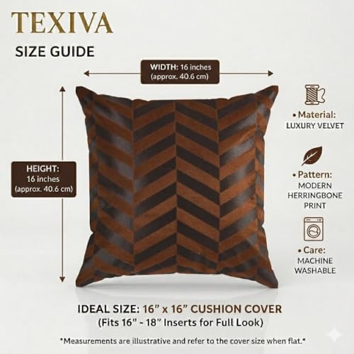 Image of TEXIVA Premium Velvet Cushion Covers Set of 5, 16x16 Inch Sofa Cushion Covers with Hidden Zipper, Modern Chevron Pattern - Dark Brown