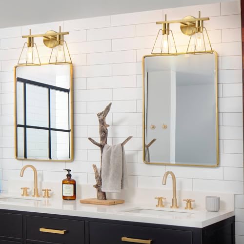 Image of Industrial Bathroom Vanity Lights: 2-Lights Brush Gold Vintage Metal Cage Wall Sconces - Rustic Farmhouse Lightning Fixture Over Mirrors Cabinet for Dressing Hallway