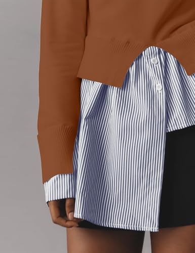 Image of Women Turtleneck Slit Patchwork Knit Pullover Sweater 2 in 1 Asymmetrical Hem Striped Button Down Shirt Tops