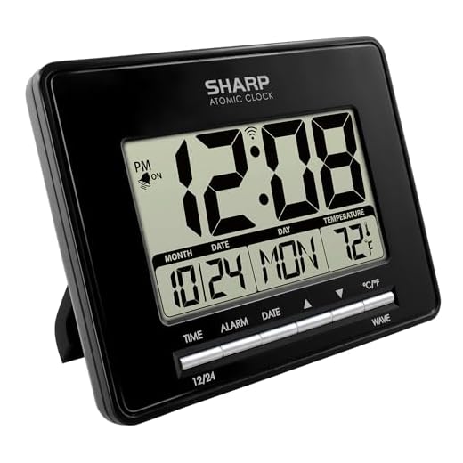 Sharp Atomic Desktop Clock – Auto Set Digital Alarm Clock - Atomic Accuracy - Easy to Read Screen with Time/Date/Temperature Display- Perfect for Nightstand or Desk