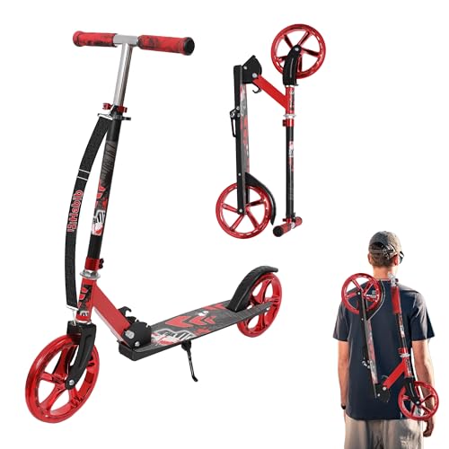 Habib Gruppe Kickroller mit Glänzenden XXL Rädern – Klappbar, 4-Stufig Höhenverstellbar, bis 80kg Belastbar, Tretroller Kickscooter Cityroller für Groß und Klein (Rot)