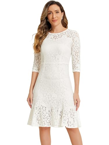 Image of Allegra K Women Elegant Lace Ruffles 3 /4 Sleeves Bodycon Fishtail Dress | Slightly stretchy. Invisible zipper. Floral ruffled hem. Cocktail, Evening, Party, Date. Feminine charm.