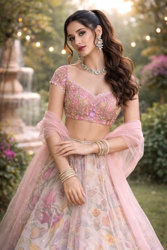 Image of MARUTI FASHION HOUSE Lehenga Choli Draped Lehenga Saree Set For Womens And Girls Ready To Wear Hevay Chinon Fabric With Work Multi Thread Embroidery Work Wedding Letest new