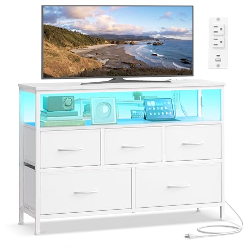 Image of SONGMICS BELLAH Collection - Dresser for Bedroom with App-Controlled LED Lights and Charging Station, Chest of Drawers, TV Stand, 5 Drawers, Shelf, Modern, Cloud White ULGS723WH05S