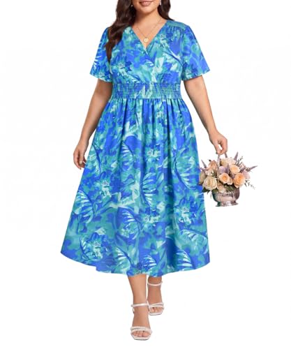 Image of CARCOS Plus Size Dresses for Curvy Women V Neck Summer Maxi Dress Short Sleeve Floral Boho Dress Smocked Waist Beach Dress