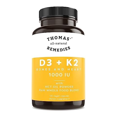 Thomas' all-natural Remedies D3 + K2 with MCT Oil for Better Absorption & Raw Whole Food Blend, 1000 IU D3, Vegan, Made in USA, Support for Your Heart, Bones & Teeth, Non-GMO (120ct) Cover