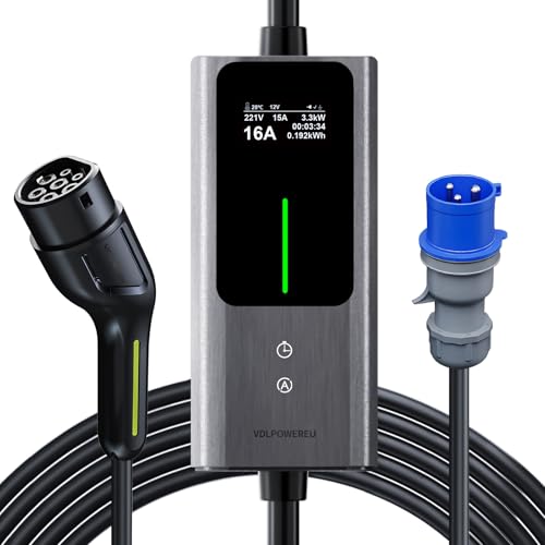 VDLPOWEREU Cargador Coche Eléctrico Tipo 2 | 7,36kW | 6-32A | 5M Cargador EV Portátil, Cargador Vehiculo Electrico de Corriente Ajustable con antalla Digital, IP65, IEC 62196-2