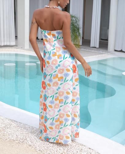 Image of Women Floral Print Maxi Tube Dress Strapless Flowy Long Bandeau Dress Y2K Open Back Sundress Summer Beachwear