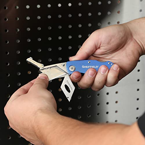 Sheffield 12514 Folding Utility Knife 3 Pack, Quick Change Utility Knife Blades, Compact Aluminum Handle, Box Cutter, Razor Blades Included