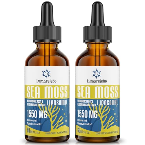 Lumarejebo Liposomal Irish Sea Moss Drops 1550 mg, Avec Extrait de Racine de Bardane et de Fucus, 4 Fois Plus Fort que les Pilules et Les Gels, Suppléments Naturels de Vitamines, 60 ml (Lot de 2)