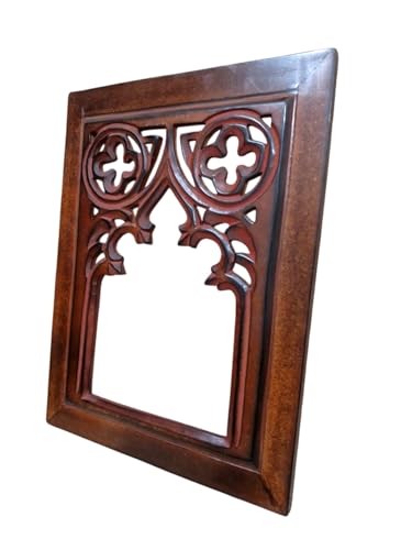 Image of Antique Black Hand Carved Wooden Jharokha Wall Mirror Frame for Home & Bedroom Decor - Traditional Arch Design (12x9 Inch) (Brown)