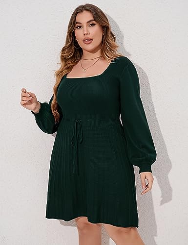 Image of Women's Plus Size Casual Sweater Dress Square Neck Long Lantern Sleeve Tie Waist Loose Pullover Sweater Dresses