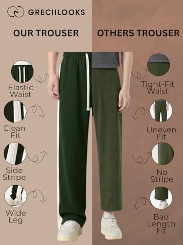 Image of GRECIILOOKS Trouser for Men | Man Relaxed Fit Trousers Twill Track Style | Straight Fit Wide Leg Trousers for Mens with Drawstring Waist | Korean Casual Travel Streetwear Pants