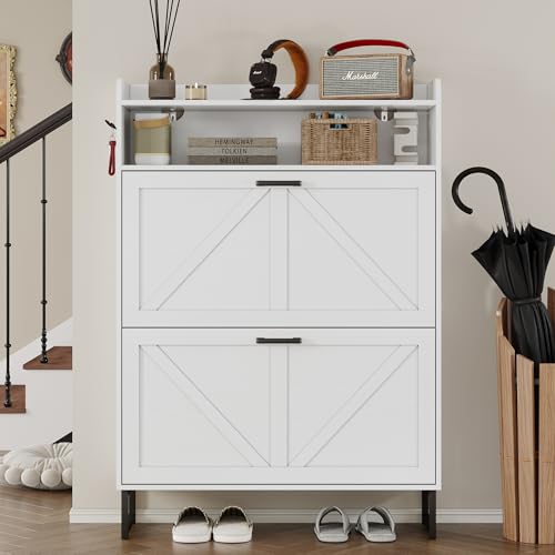 Image of BORNOON Shoe Cabinet with 2 Flip Drawers Narrow Shoe Storage Cabinet Organizer Wooden Freestanding Shoe Rack Hidden Slim Shoes Storage Cabinet for Entryway, Hallway, Bedroom