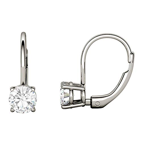 Charles & Colvard Created Moissanite 5Mm Round Cut Leverback Drop Earrings For Women | 1 Cttw Dew | Lab Grown | Solid 14K White Gold With Rhodium #TOP2