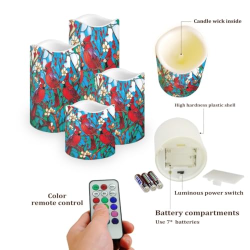 Image of Stained Glass Cardinal Electric Flameless Candles Set of 4 | Christmas Flameless Candle Set with Timer, Battery Operated Fake Candles for Living Room, Table Centerpieces