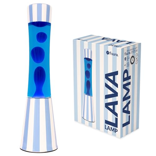 Fisura – Lámpara de lava azul. Lámpara decorativa relajante. Diseño original para hogar u oficina. Regalo original. Base de rayas, líquido y lava azul. Con bombilla de repuesto. 11 x 11x 39,5 cm.