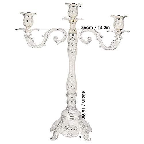 3 Arm Candle Holder Centerpiece, 17 Inch White Tall Vintage Metal Candelabra for Wedding Table Party Farmhouse Mantel Decor, Antique Silver Taper Candle Stand by Tomotato - Image 2