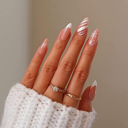 Snowflake Press on Nails Medium Length, Christmas Fake Nails with Design Almond Shape False Nails Full Cover Stick on Nails White French Tip Nails Cute Artificial Nails for Winter Xmas Nail Decoration