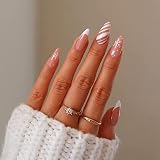 Snowflake Press on Nails Medium Length, Christmas Fake Nails with Design Almond Shape False Nails Fu