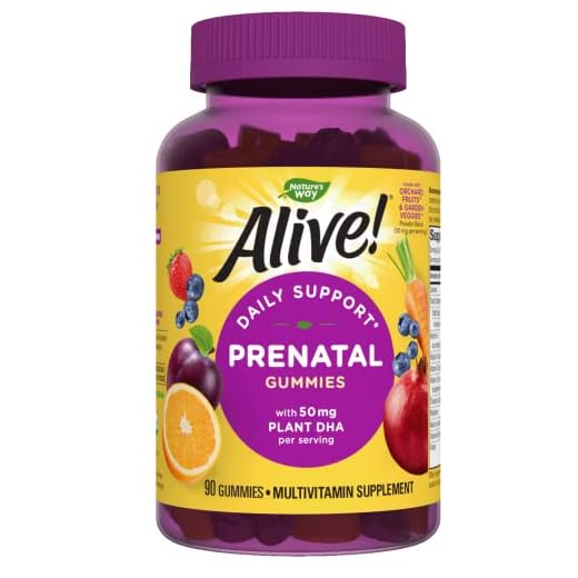 Nature’s Way Alive! Daily Support Prenatal Gummies, 50mg Plant-Based DHA per Serving, Vegetarian, 90 Gummies, Orange and Raspberry Lemonade Flavored