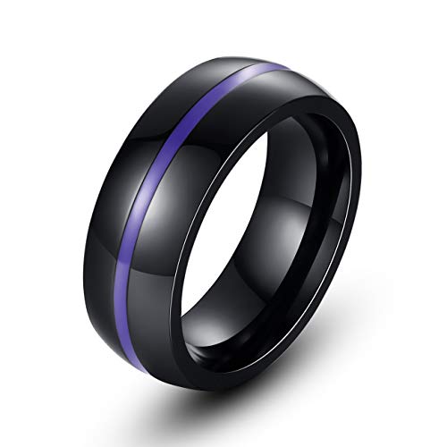 REVEMCN 8mm Black Stainless Steel Thin Line Polished Finish Wedding Band Ring for Men Women, 4 Color (Purple, 6)