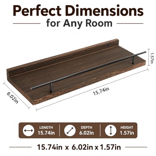 Wood Floating Shelves for Wall Set of 3, Rustic Bathroom Shelves with Guardrail, Wall Mounted Storage Shelves for Bedroom, Living Room and Kitchen — view 2