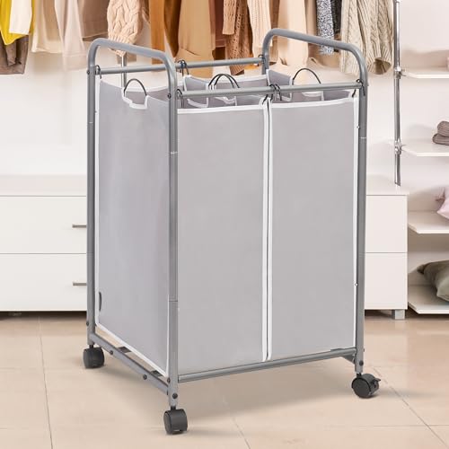 Image of STORAGE MANIAC Laundry Sorter 2 Section, 90 L Gal Laundry Hamper with Wheels, Clothes Basket Separator Sorter, 2 Bag Rolling Cart and Removable Bags for Closet, Dorm, Collage, Grey