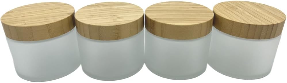 Empty Refillable Frosted Glass Cosmetic Cream Jar 4 Pack 6.7 OZ/200g with Bamboo Lids,Skin Care Travel Containers Pot for Clay Masks,Butter,Body Scrub,Lip Balm, Ointments, Lotion Frost