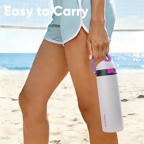 Image of Insulated Water Bottle with Straw - Encool Stainless Steel Water Bottle with Push Button Lid, Leak-Proof & BPA-Free, Keeps Cold for 24 Hours for Sports, Travel, Gym (40 oz, Oyster Pink)
