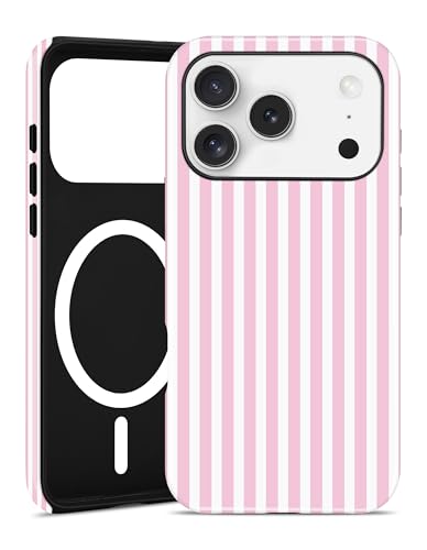 Jusy Compatible with MagSafe Striped Phone Case for iPhone 16e/17e, Cute Aesthetic Magnetic Soft TPU and Hard PC Protective Phone Cover for Women Girls (Matte) - Pink and White