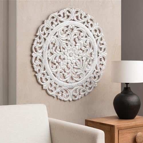 Image of JFY Designs Iris Hand Carved Wood Medallion Wall Panels Bedroom Decor | Wall Mount Floral Sculpture Wall Art for Living Room, Bedroom Set, White Distressed Finish, Round 36 x 36 inch