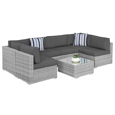 Best Choice Products 7-Piece Modular Outdoor Sectional Wicker Patio Conversation Set w/ 2 Pillows, Coffee Table, Cover Included - Gray/Gray