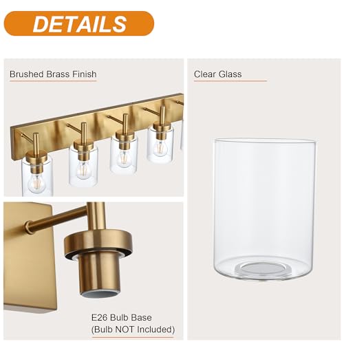 Image of 5-Light Bathroom Light Fixtures, Brushed Brass Indoor Vanity Light Over Mirror with Milky White Frosted Glass Shades Modern Wall Lighting for Hallway Makeup Table