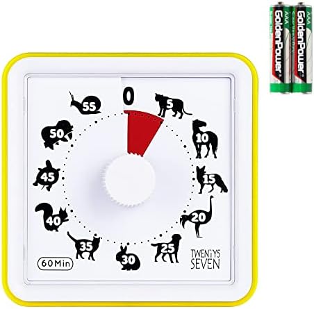 Visual Timer, 60 Minutes Countdown Timer, Kids Time Education Tool, 7.6CM Timer, 1 Hour Timer, Exam Timer, Kitchen Timer, Silent Movement, Loud Alarm, for Classroom Teaching Homework Games, Yellow