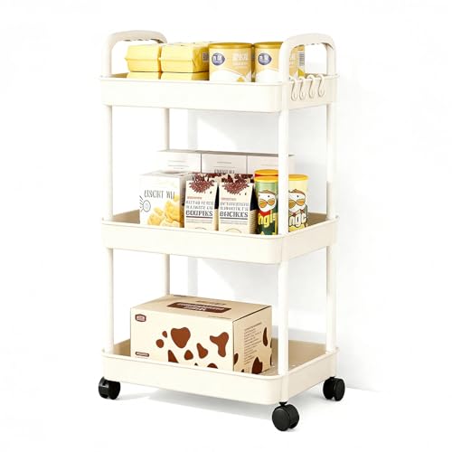 3-Tier Storage Trolley on Wheels, Space-Saving Mobile Shelving Organizer, With Hooks and Stickers, Rolling Utility Storage Cart for Room Bathroom Office