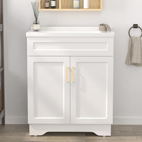 OLD CAPTAIN Bathroom Vanity with Ceramic Sink, Wooden Double Door Bathroom Vanity, 32 Inch Bath Cabinet with Sink and Storage, White