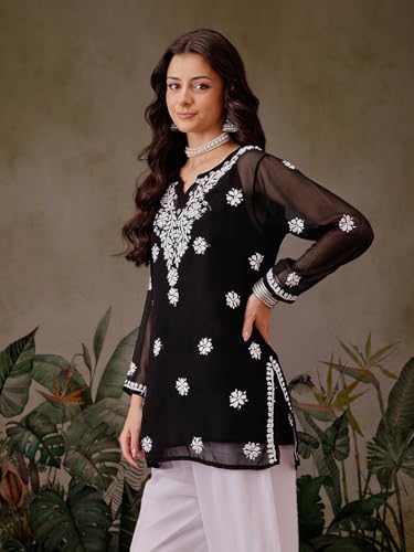 Image of Ada Women's & Girl's Georgette Hand Embroidered Lucknow Chikankari Regular Fit Short Kurti Top with Slip A911300